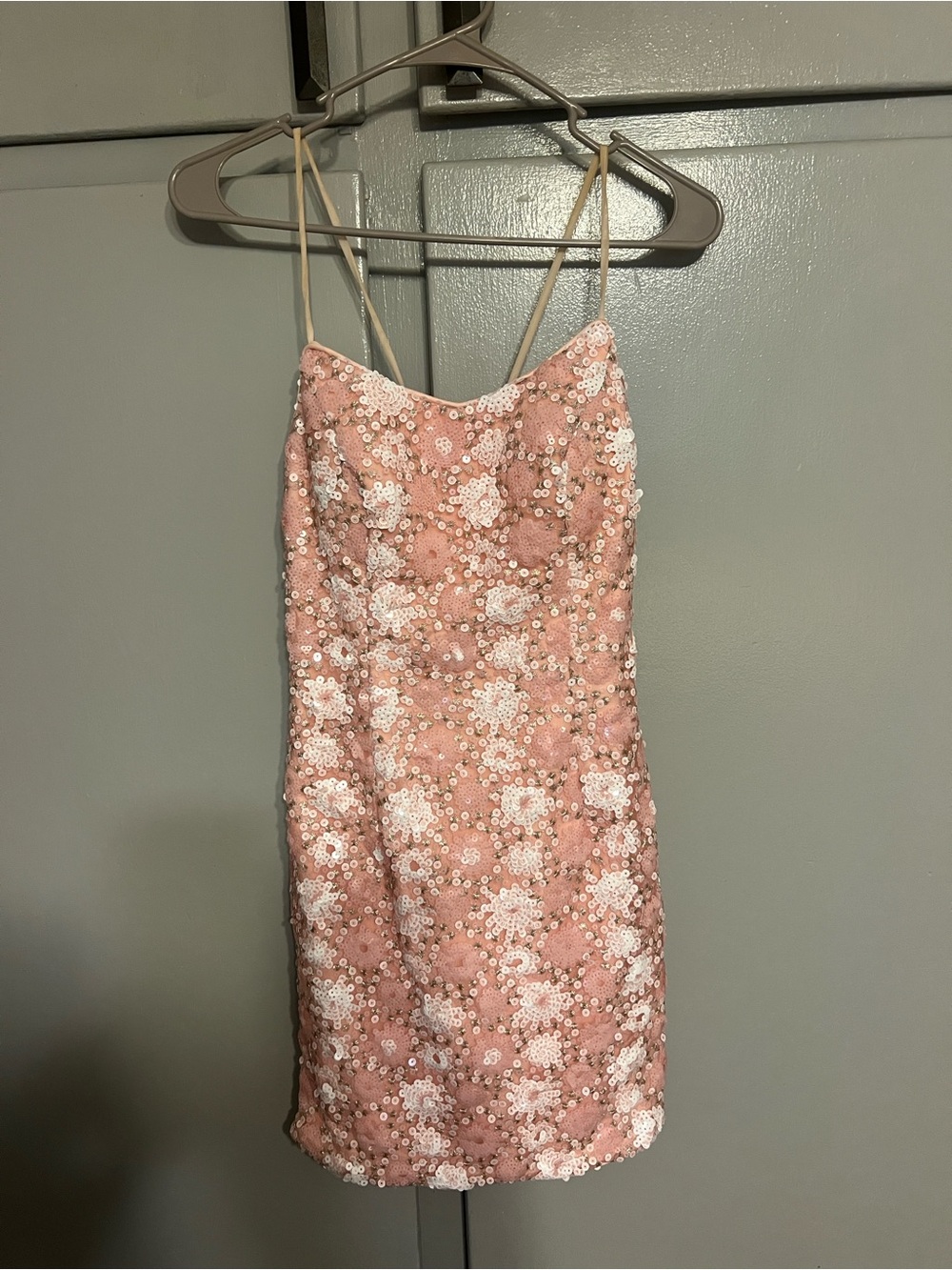 Clarisse Pink and White Sequin Floral Lace Mini Dress